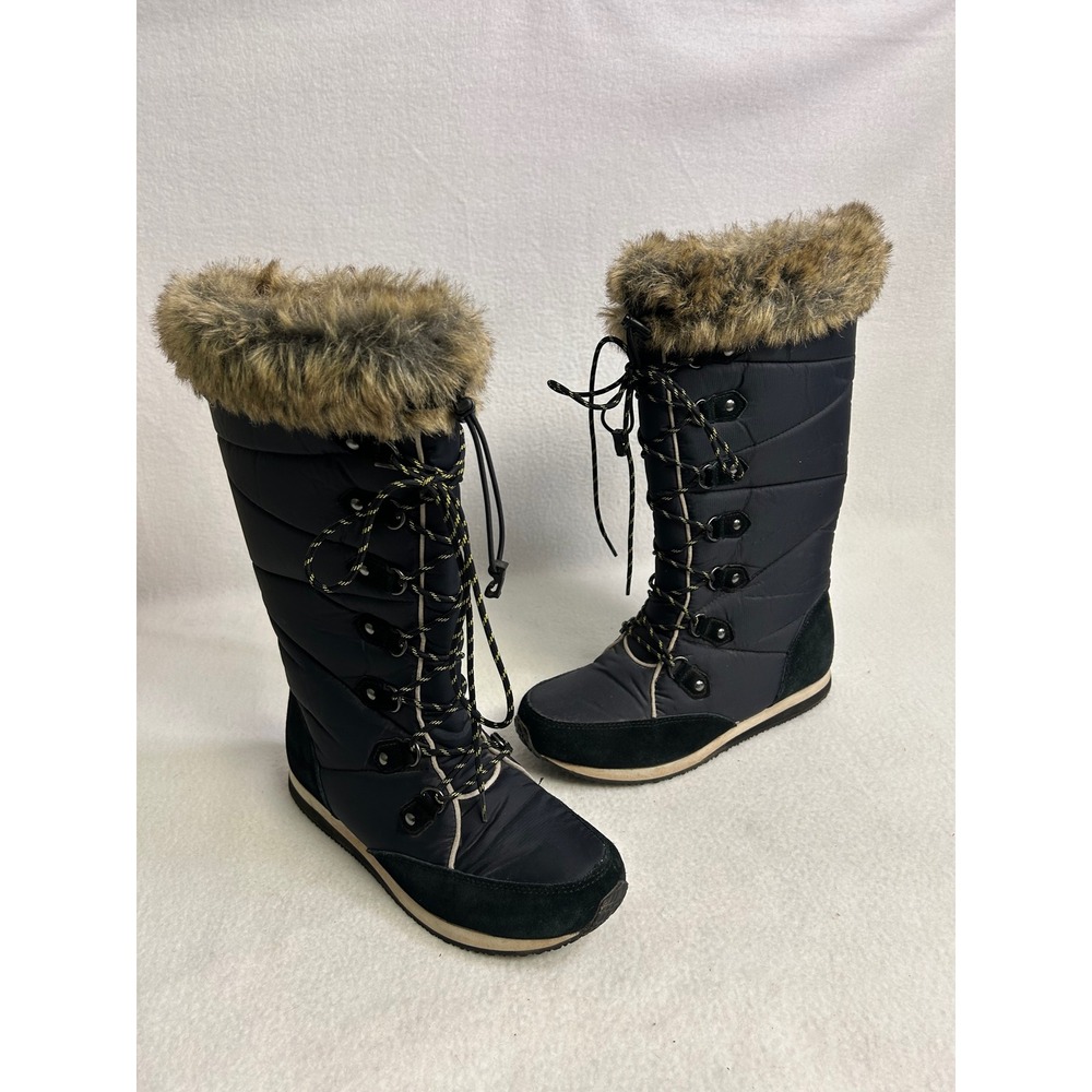 Winter Apres Ski L.L. Bean Womens 7 Black Faux Fur Quilted Snow Boots 284883